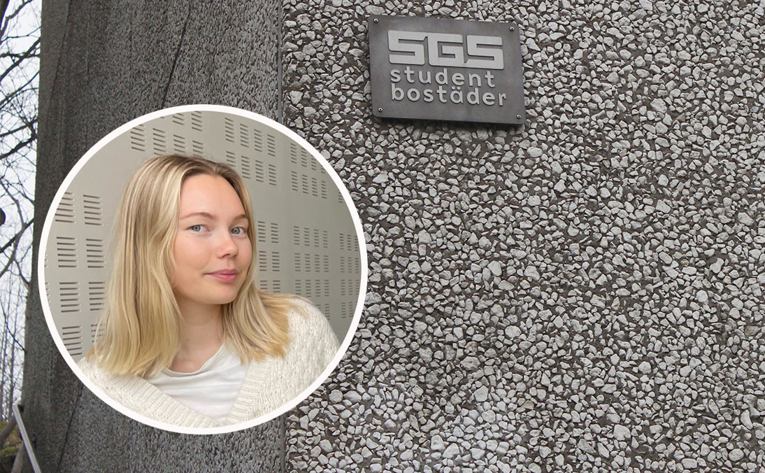 Bild på en av Sgs-byggnader, i hörnet syns Kerstin Siwertsson som bor i studentbostad.